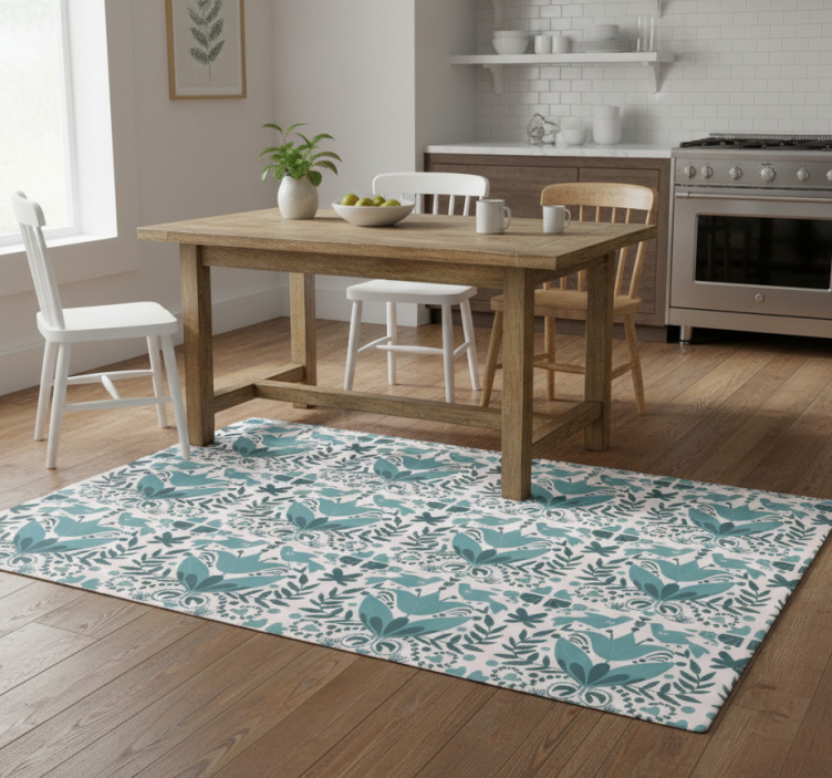 Kitchen vinyl rug with blue folk art birds pattern - TenStickers