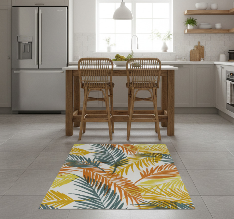 Kitchen vinyl rug with hand-drawn tropical palm leaves - TenStickers