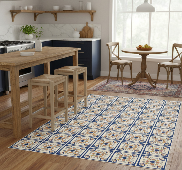 Kitchen vinyl rug with pink flowers portuguese tile - TenStickers