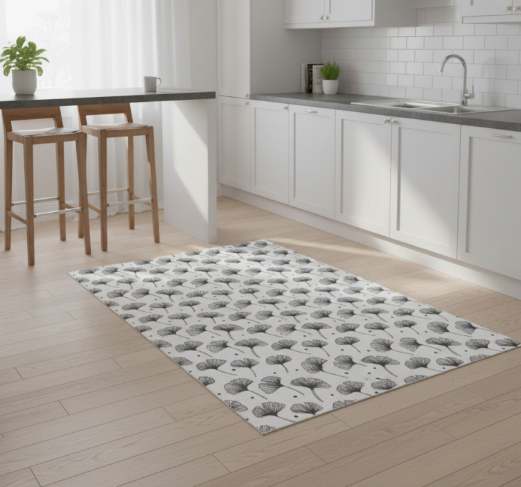 Kitchen vinyl rug with white gingko leaves pattern - TenStickers
