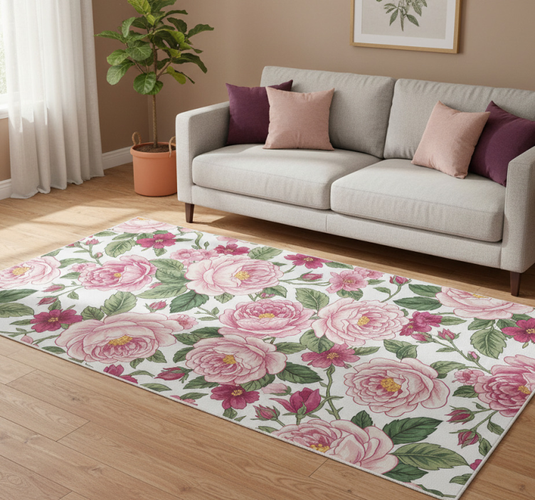 Living room vinyl rug with beautiful pink flowers - TenStickers