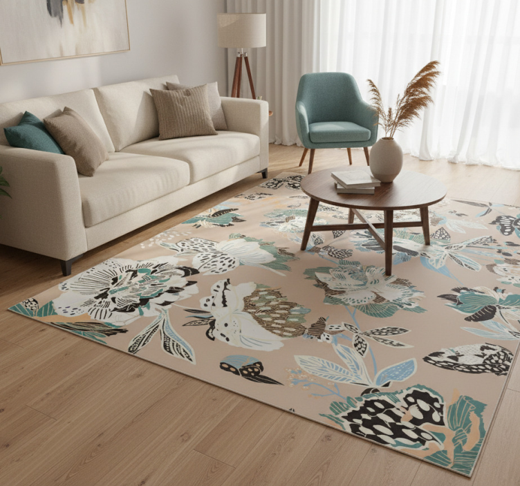 Living room vinyl rug with neutral beige flowers - TenStickers