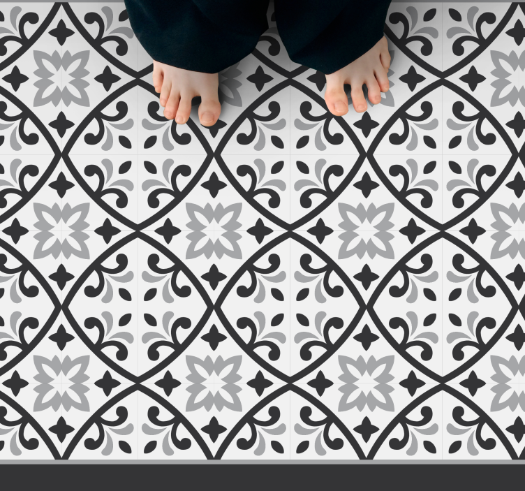 Monochrome Floral Pattern tile vinyl rug - TenStickers
