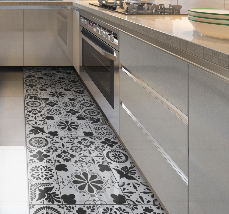 Monochrome Floral tile vinyl rug - TenStickers