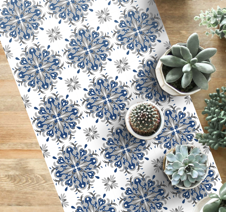 Mosaic vinyl rug elegant blue floral design - TenStickers