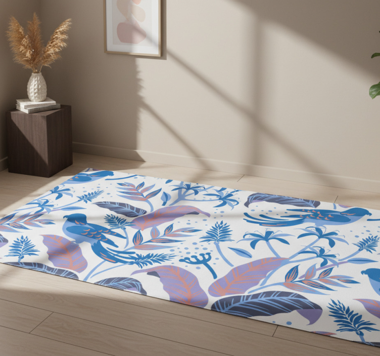 Nature vinyl rug with blue and pink birds on leaves - TenStickers