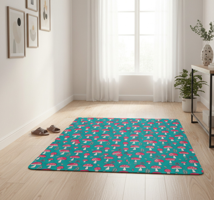 Nature vinyl rug with classic mushrooms on turquoise - TenStickers