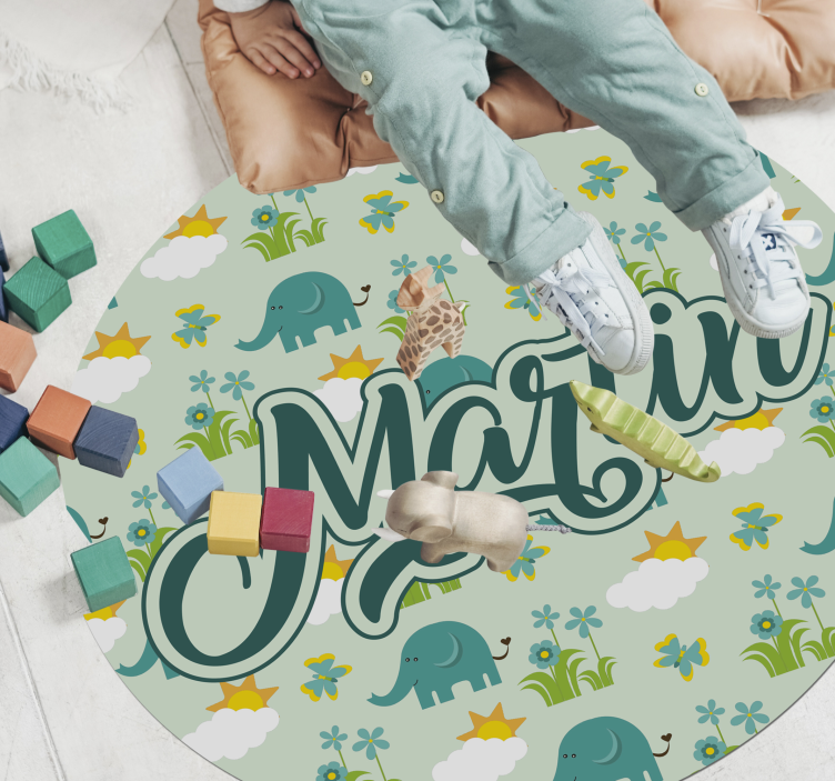 Elephants and flowers with name kids vinyl rug - TenStickers