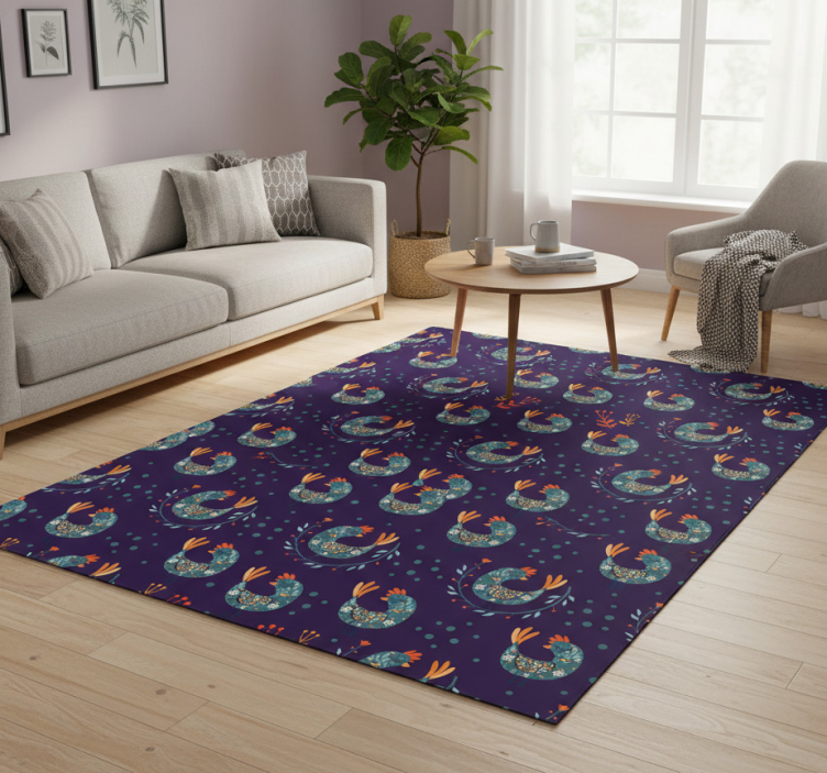 Purple chickens and flowers floral vinyl rug - TenStickers
