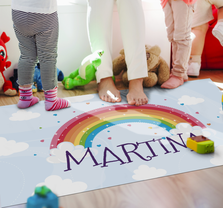 Rainbow clouds with name kids vinyl rug - TenStickers