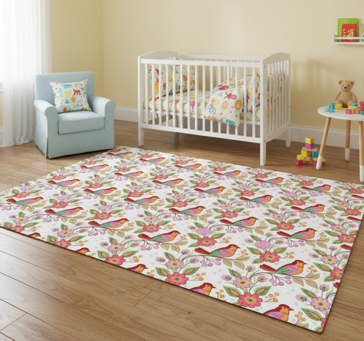 Red and orange bird on green tree animal vinyl rug - TenStickers