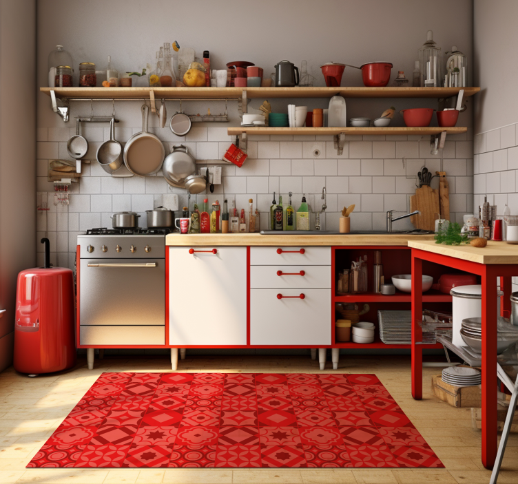 Red vintage tiles design kitchen vinyl rug - TenStickers