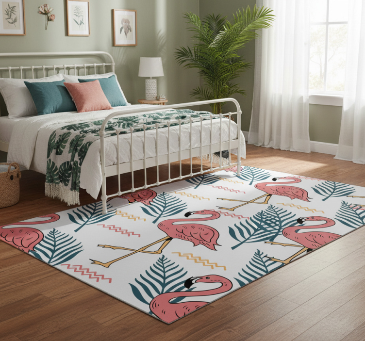 Tropical leaves and flamingos bedroom vinyl rug - TenStickers