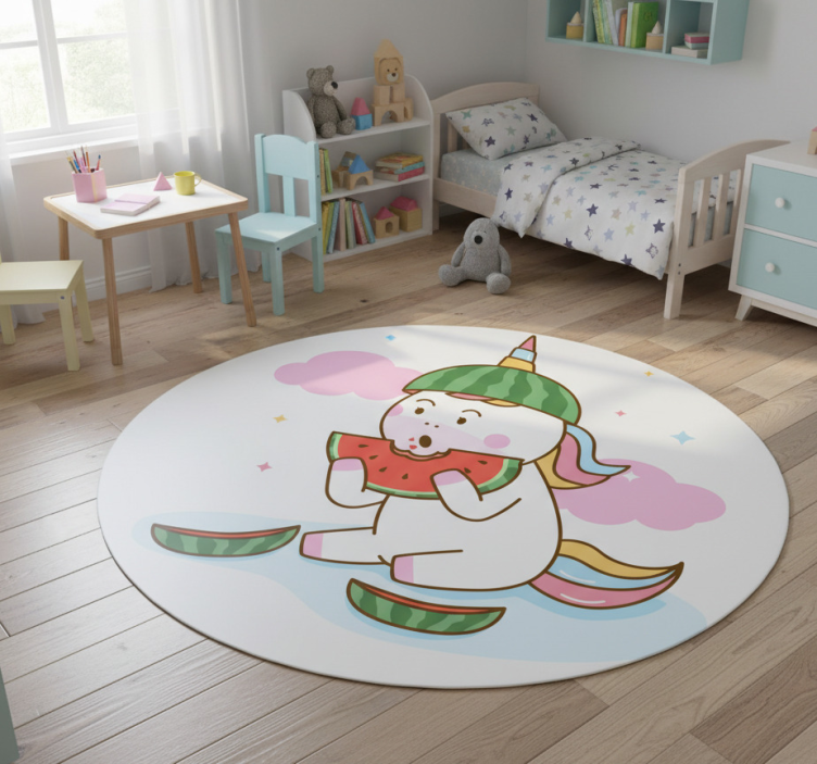 Unicorn eating watermelon animal vinyl rug - TenStickers