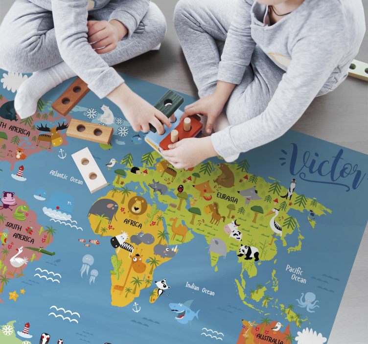 World Map with animals kids vinyl rug - TenStickers