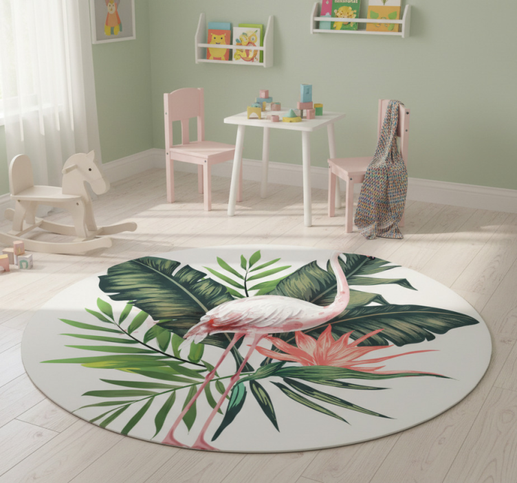 Animal vinyl rug featuring watercolor flamingo and leaves - TenStickers