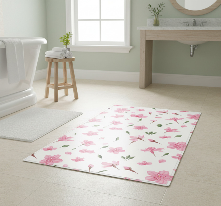 Watercolor pastel pink blossom flowers bathroom vinyl rug - TenStickers