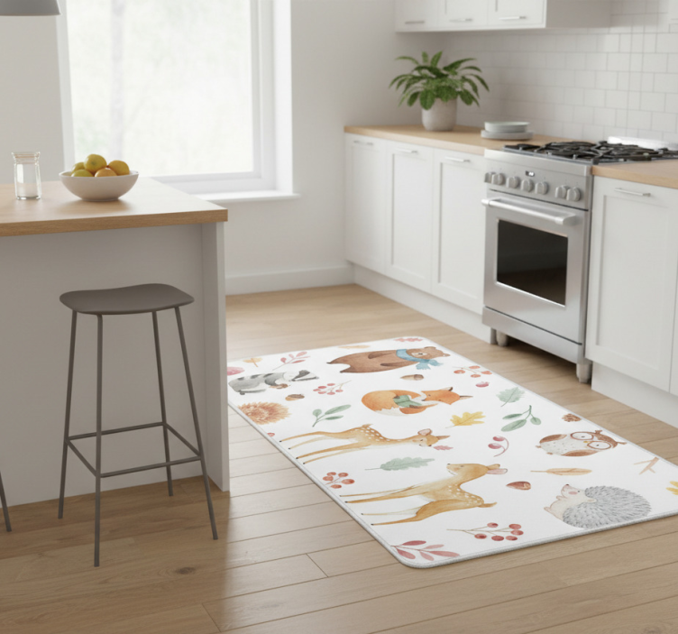 Whimsical woodland watercolor kitchen vinyl rug - TenStickers