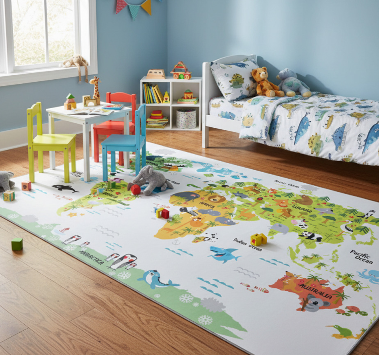 World map vinyl rug with english fauna design - TenStickers