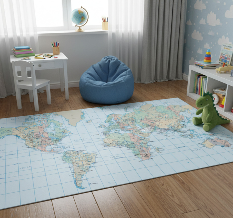 World map vinyl rug english timetable rug - TenStickers