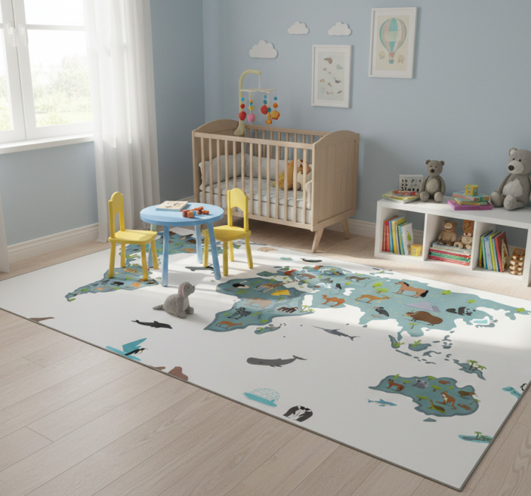 World map vinyl rug in playful colors with animals - TenStickers