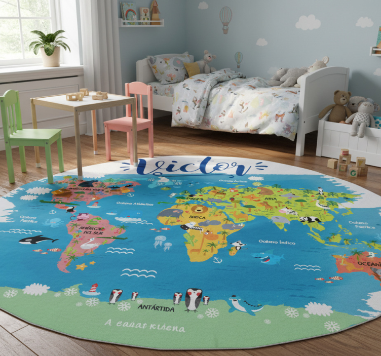 World map vinyl rug with animals and names in spanish - TenStickers