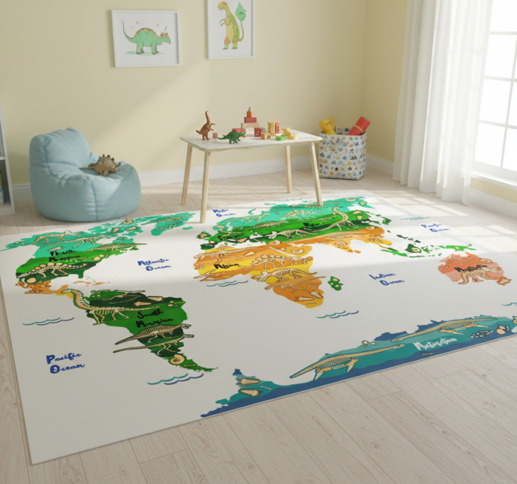 World map vinyl rug with english dinosaur names - TenStickers