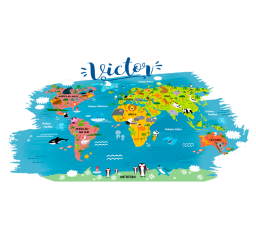 World map vinyl rug with animals and names in spanish - TenStickers