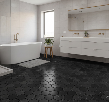 Bathroom vinyl rug in black hexagon design - TenStickers