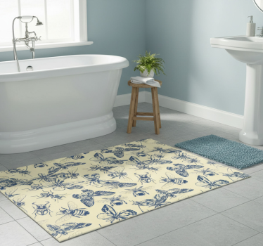 Bathroom vinyl rug with blue and yellow bees and butterflies - TenStickers