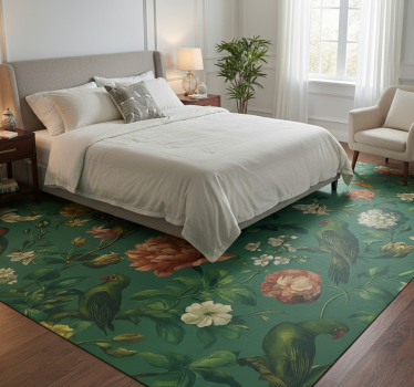Bedroom vinyl rug with dark green floral bird design - TenStickers