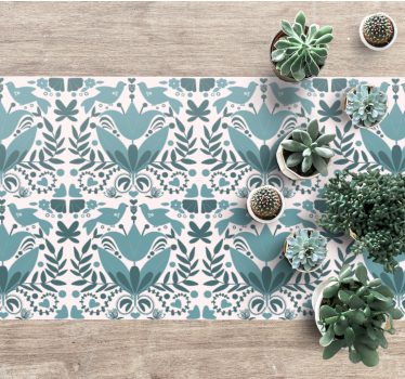 Blue folk art pattern with birds flower rug - TenStickers