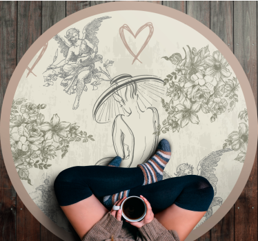 Circular angelic floral motif vintage vinyl rug - TenStickers
