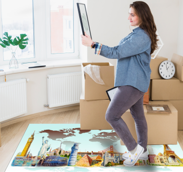 Colorful Landmarks Collage world map vinyl rug - TenStickers
