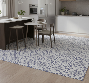 Cute blue and white tile pattern kitchen vinyl rug - TenStickers
