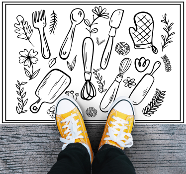 Floral and ornamental design with utensils kitchen flooring - TenStickers
