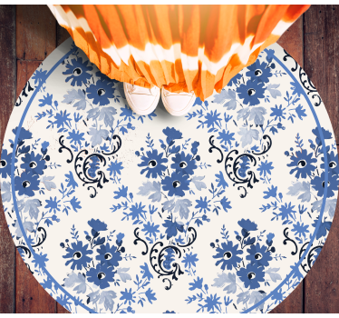 Floral Blue Print circular vinyl rug - TenStickers