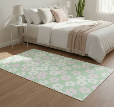 Green with white and pink flowers bedroom vinyl rug - TenStickers