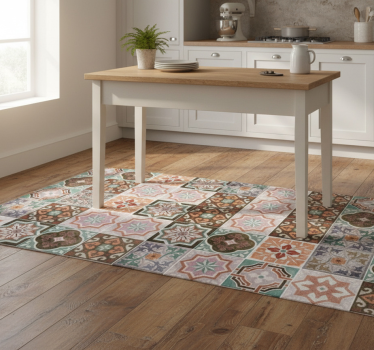 Vivid terracotta patchwork kitchen vinyl rug - TenStickers