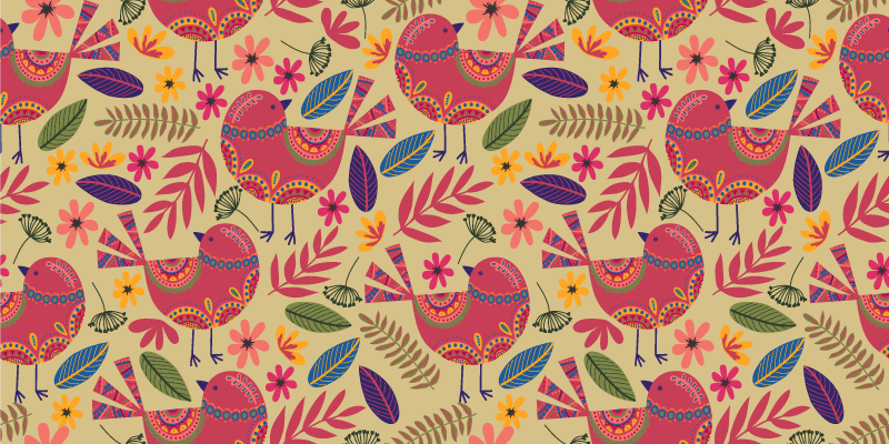 Floral vinyl rug with colorful birds folk art design - TenStickers