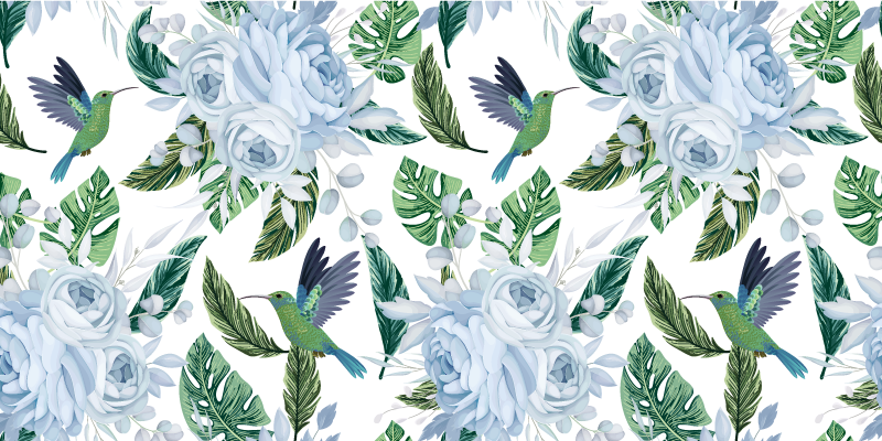 Flower rug featuring blue garden flowers and birds - TenStickers