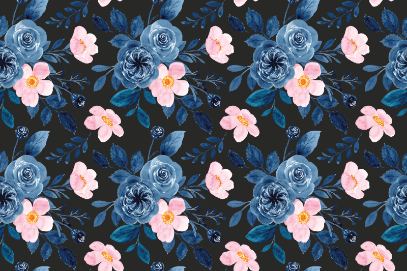 Floral vinyl rug in blue and pink on black - TenStickers