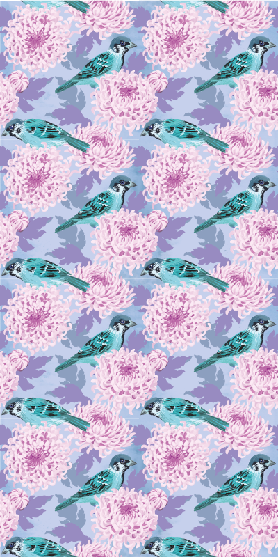 Floral vinyl rug pink garden flowers with birds - TenStickers