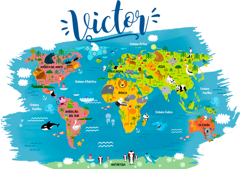 World map vinyl rug with animals and names in spanish - TenStickers