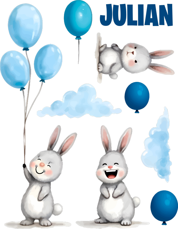Kids vinyl rug blue balloons with bunnies - TenStickers