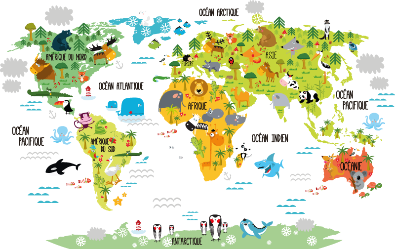 World map vinyl rug with animal designs - TenStickers