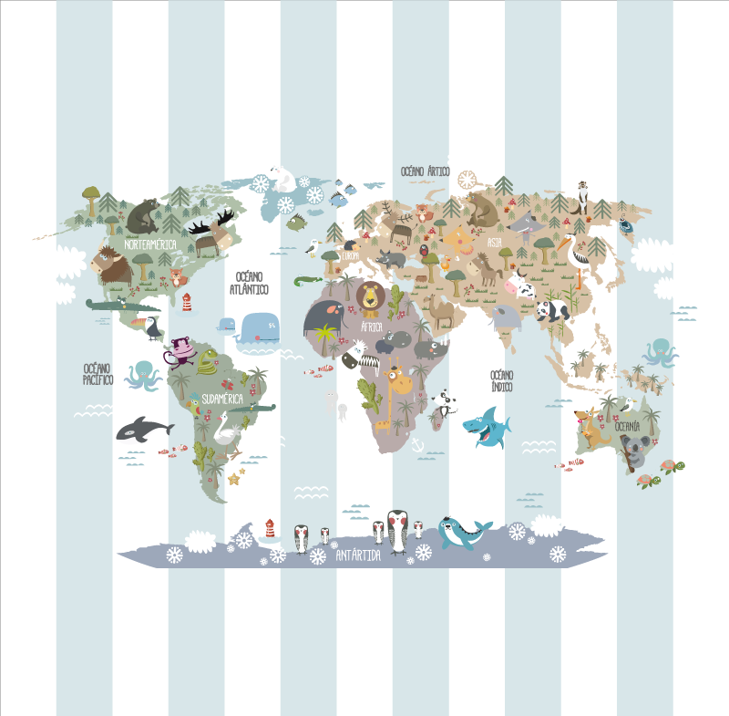 World map vinyl rug featuring fauna design - TenStickers