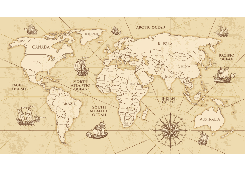 World map vinyl rug retro sepia wall mural - TenStickers