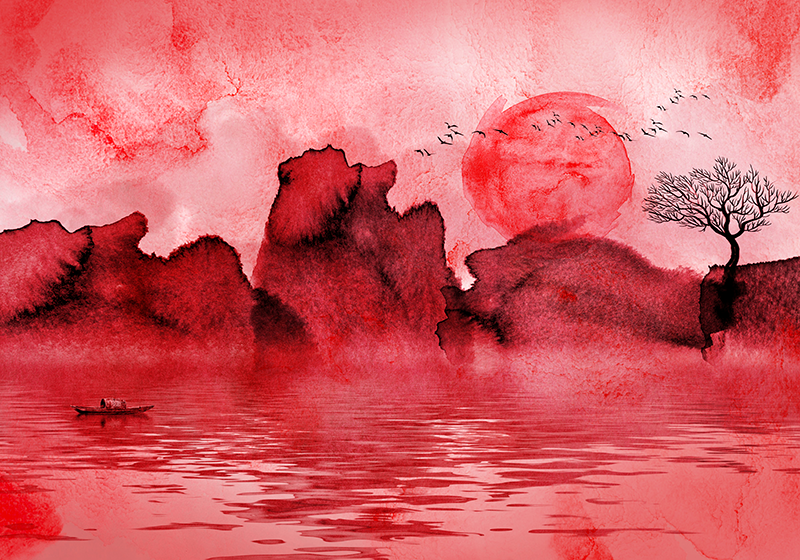 Red vinyl rug with chinese ink landscape design - TenStickers
