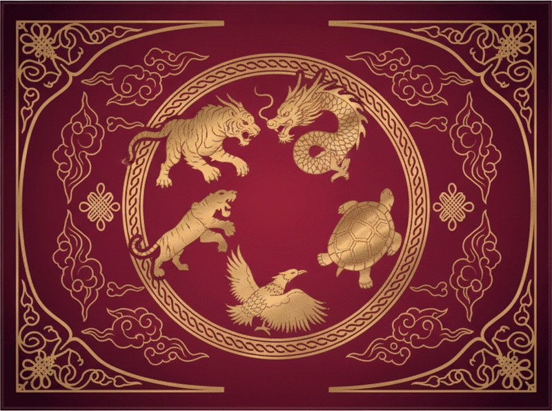 Red vinyl rug with four symbols dragon tiger - TenStickers